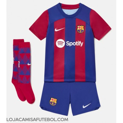 Camisa de Futebol Barcelona Pedri Gonzalez #8 Equipamento Principal Infantil 2023-24 Manga Curta (+ Calças curtas)